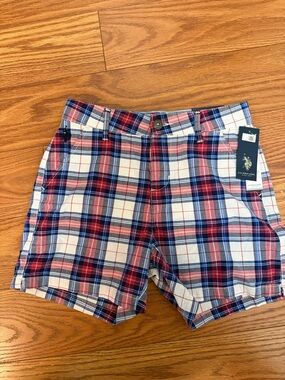 U.S. Polo Assn. Red, Blue & White Plaid Flat Front Shorts